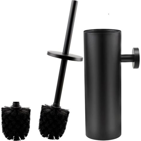 Brosse de toilette noire avec brosse de rechange, brosse de toilette murale en acier inoxydable et support avec couvercle, accessoires de salle de bain mats à long manche (1/5)