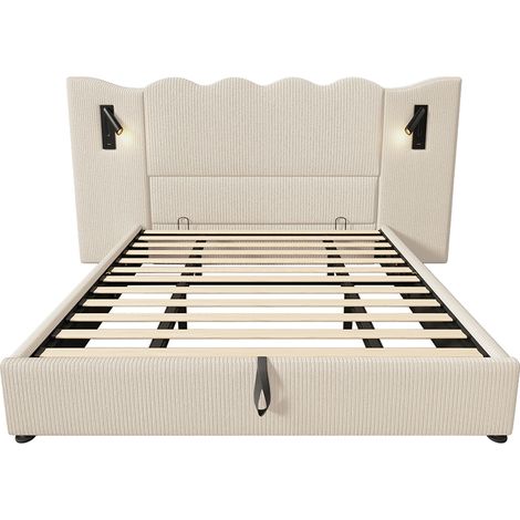 Letto matrimoniale imbottito 180 x 200 con luce di lettura e caricatore USB Type-C, beige, velluto a coste. (1/5)