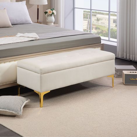 Banco tapizado con almacenaje y patas doradas beige OKMYHOME (1/5)