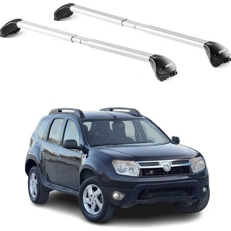 OMAC Barres de toit transversales certifiées TÜV pour Dacia Duster mk1 2010-2013 Pre-FL – Verrouillables (4 antivols) – Charge max 100 kg – Sangle inox + protection caoutchouc Argent (1/4)