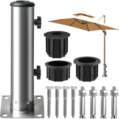 Pied de parasol universel avec 3 anneaux de réduction (32/38/48 mm), douille pour ponts, terrasses, tables de pique-nique (1/4)