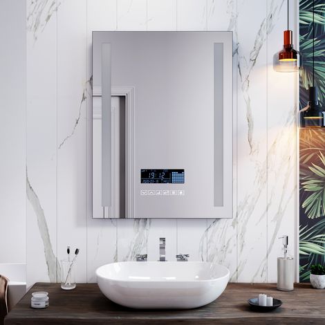 ELEGANT Illuminated LED Light Bathroom Mirror Touch control Anti-Fog Clock Function Bluetooth Audio Shaver Socket 600x800mm