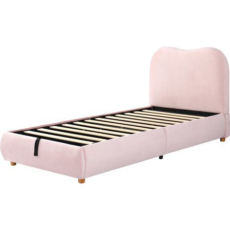 Kinderbett 90 x 200 cm aus rosa Samt mit Stauraum, Lattenrost und Kopfteil (1/5)
