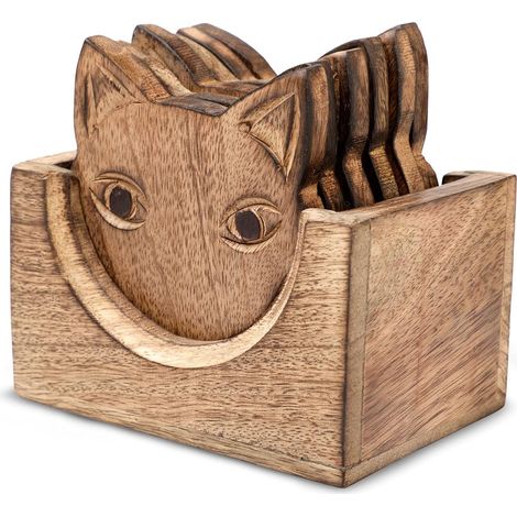 Ensemble de 6 sous-verres en bois faits à la main avec support pour café, thé, tasses et verres à vin. (1/5)