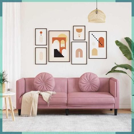 Canapé 3 places - 372645 - velours rose - 193,5 x 77 x 70 cm - 2 coussins ronds (1/5)