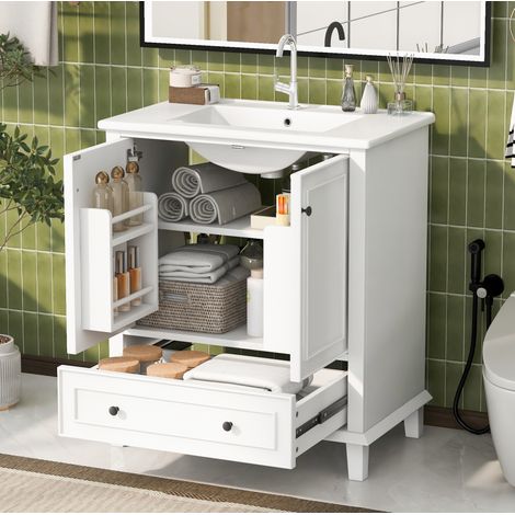 Mueble de baño con lavabo sobre pie 76x46x87 cm, lavabo de cerámica, 2 puertas, 1 cajón y estante ajustable, blanco (1/5)
