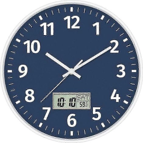 Horloge murale numérique bleue, silencieuse (sans tic-tac), fonctionne sur piles. Affichage LCD rond indiquant l'heure, le jour, la semaine et la température. (1/5)