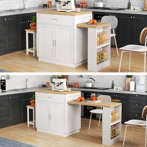 Îlot de Cuisine 4 à 6 personnes Table Extensible prise électrique intégrée placard de rangement 2 tiroirs finition bicolore (1/2)