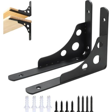 2 Pièces Équerre Étagere Murale Robustes de 20 x 14 CM, Support Étagere Murale Pratique, Equerre Etagere Murale à Angle 90°, Equerre Etagere en Acier Inoxydable Épais Application Large, Noir (1/5)