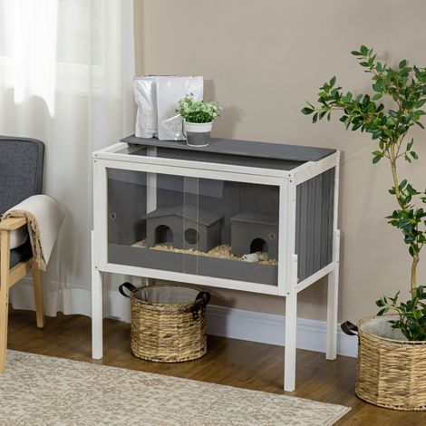 Cage pour hamster nain de 3000 cm² en bois et métal, avec 2 maisons, portes coulissantes en acrylique, stable et sécurisée, grise et blanche.