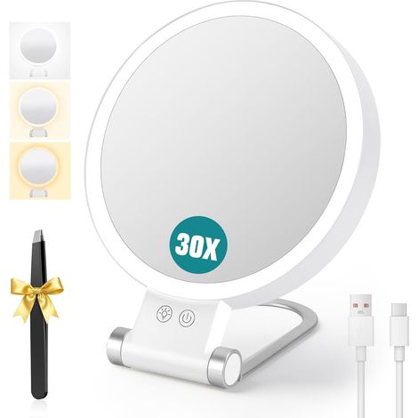 Miroir Maquillage Double Face 30X Lumineux Pliable Portable 3 Couleurs Lumineuses et à intensité Variable, Miroir de Maquillage Pliable avec Pince à épiler, Portable pour Voyage (1/5)