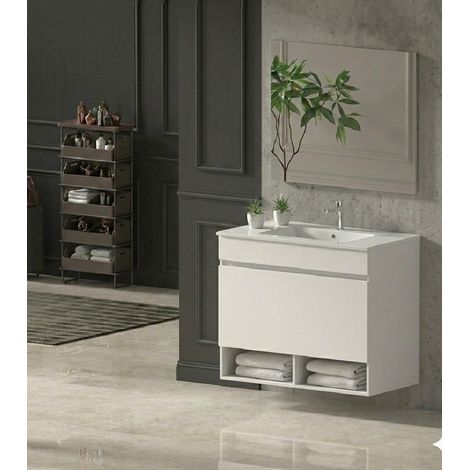 Badmöbel Set NEBARI Vormontiert 1 Schublade, Waschbecken und Spiegel Weiß glänzend 50x40 cm