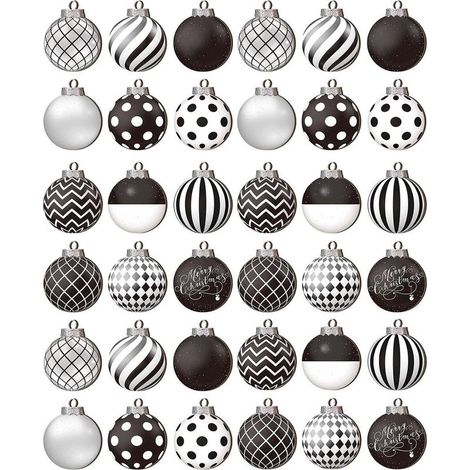 Set mit 36 schwarz-weißen Weihnachtskugeln, 6,35 cm große Dekokugeln für Weihnachtsbäume, 12 verschiedene Ausführungen (1/5)