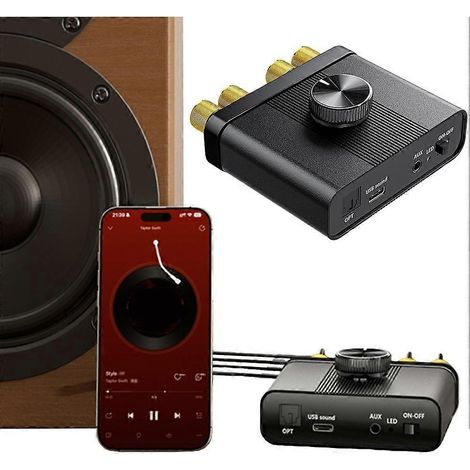 Mini amplificateur stéréo HiFi, puissance de 100 W, Bluetooth 5.4, amplificateur audio de bureau, de maison et de voiture, avec caisson de basses, interface AUX et USB, et prise standard européenne. (1/5)