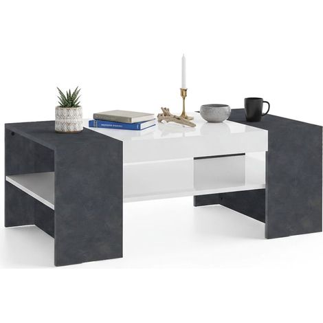Dmora - Tavolino da salotto Ashar, Tavolo basso da caffè, Mobiletto portariviste, 100% Made in Italy, cm 110x60h40, Bianco lucido e Ardesia