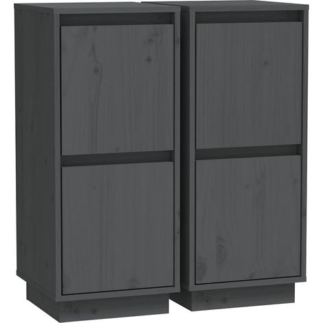 Lot de 2 Buffets Armoires de Rangement 2 Portes en Bois de Pin Massif et MDF Gris (1/5)