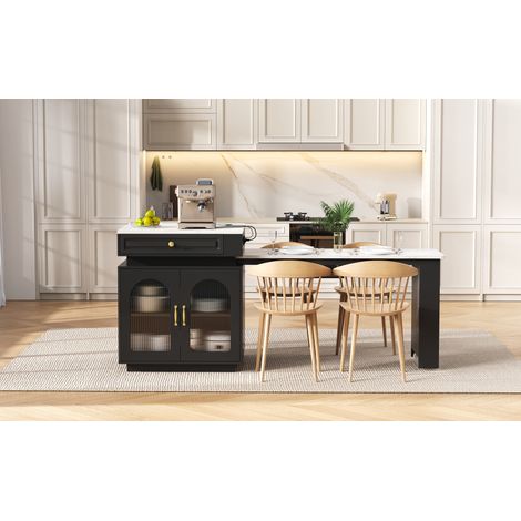 Isla de cocina con ruedas y mesa extensible LED USB/Type-C negra OKWISH (1/5)