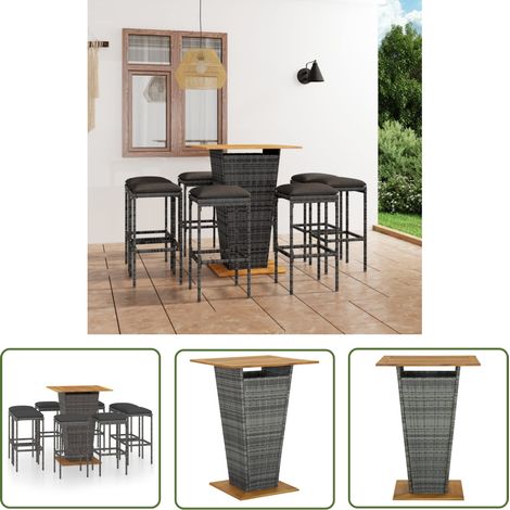 The Living Store Ensemble de bar de jardin 9 pcs et coussins Résine tressée Gris - Ensemble Salon De Jardin - Mobilier De Jardin - Set De Bar - Table Basse - Chaises Pliantes (1/5)