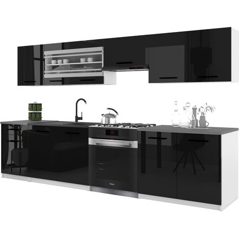 Belini ITALIA 4 Küche Ausgestattet Modular Komplett - 260 cm. Ober- und Unterschränke mit Arbeitsplatte, Schwarz Hochglanz (1/5)