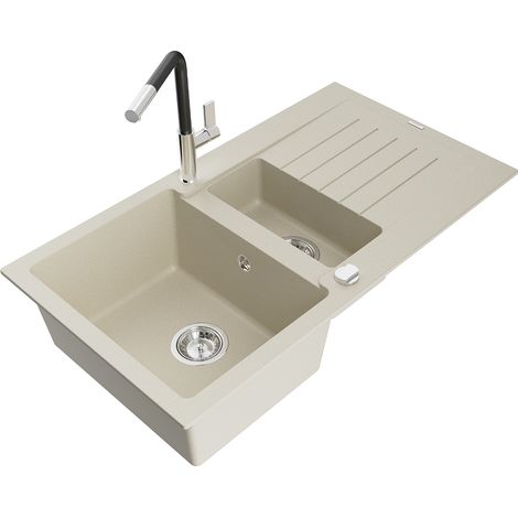 Mexen Matias évier en granit 1,5 bac avec égouttoir et robinet de cuisine Flora, beige - 6502-69-670401-07 (1/5)