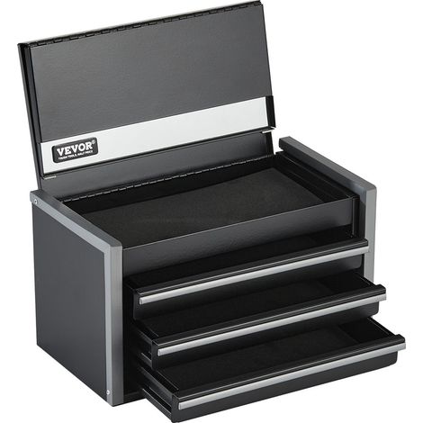 Coffre à outils métal 22 cm, 3 tiroirs, portable avec revêtement EVA et patins PP, acier robuste, ouverture à roulements, finition poudrée noire (1/5)