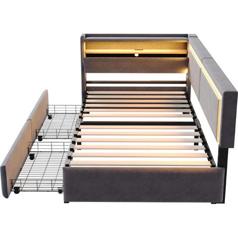 Lit rembourré 90x200 cm avec LED et ports USB, velours gris foncé, coffre de rangement (1/5)