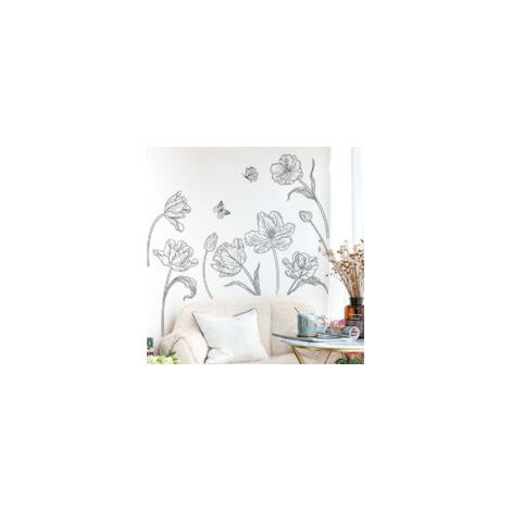 Gartenblumen-Wandaufkleber, schwarz-weiße Blumen-Wandtattoos, Wanddekoration für Wohnzimmer, Schlafzimmer, Büro, TV-Raum, Sofa, Badezimmer, Hintergrund - Crezuo
