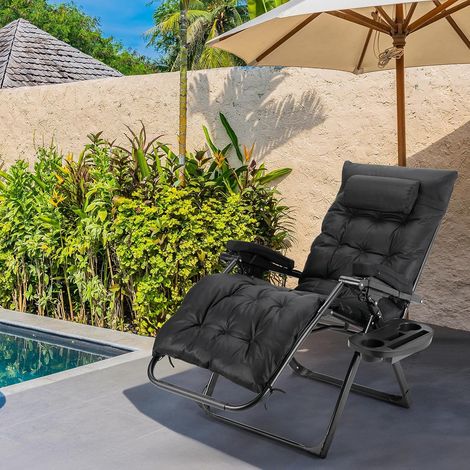 Klappbarer Gartenliegestuhl, verstellbare Sonnenliege mit wasserdichtem Kissen und abnehmbarer Kopfstütze, Getränkehalter - (1xStuhl, Schwarz) (1/5)