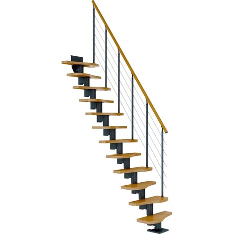 Dolle Mittelholmtreppe Basel Eiche, lackiert 64 cm breit für Geschosshöhen 222 – 276 cm UK Metall Anthrazit inkl. einseitigem Designgeländer
