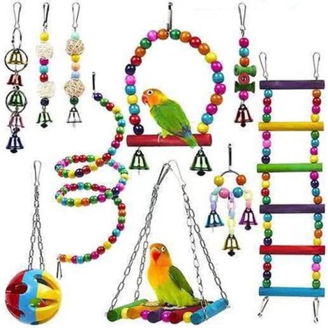 Jeu de 9 pièces pour oiseaux - Comprend une échelle, une balle, des perles, des clochettes, etc. - Pour perruches, perroquets, calopsittes, etc. (1/2)