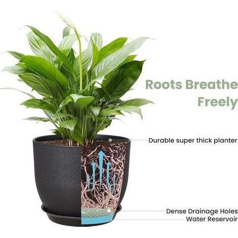 Lot de 3 Pots 18/16/14 cm de Fleurs en Plastique Plantes, Jardinières Modernes avec Trous de Drainage et Soucoupe Détachable, Noir (1/4)