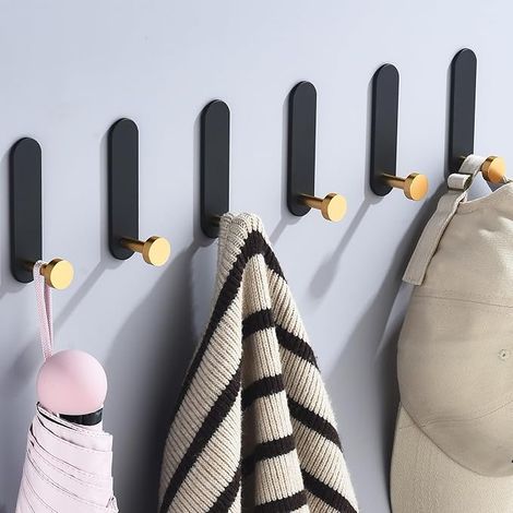 CCYKXA Selbstklebende Wandhaken ohne Bohren, Badezimmer-Kleiderhaken zur Wandmontage, selbstklebende Haken, Küchenhandtuchhalter, 6 Stück, Schwarzgold