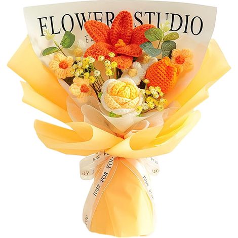 Bouquet De Fleurs Au Crochet - 35 cm - Rose Jaune Artificielle - Décoration Intérieure Et Centre De Table - 1 Pièce (1/5)