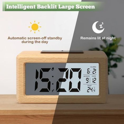 Réveil Numérique en Bois LCD Horloge Digitale sans Tic-tac avec Affichage Date Température Réveil à Piles avec Fonction Snooze (1/4)