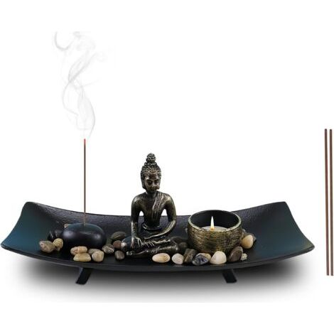 Jardin zen avec figurine de Bouddha Décor Porte-encens japonais Statue de Bouddha avec pierres naturelles et bougeoir, Statue de Bouddha assis pour cadeau, méditation, détente, décor (1/5)