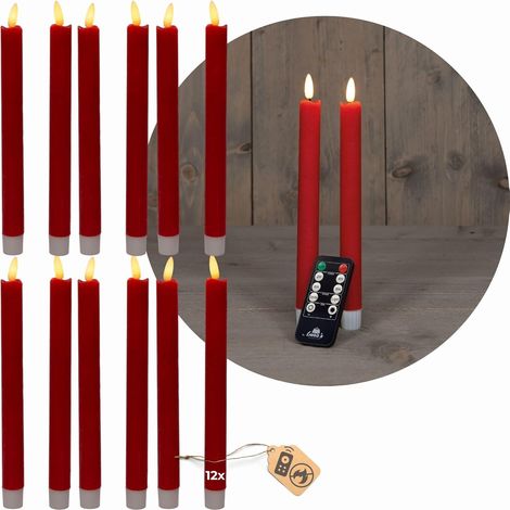Bougies coniques LED avec minuterie ROUGE 12 pièces intérieur - 6 heures - VRAIE CIRE 18 cm de hauteur pour les bougies 2,2 cm de diamètre 2 piles