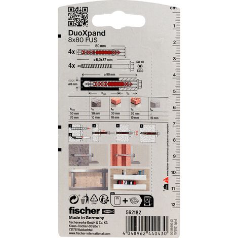 Vis autotaraudeuse avec goupille Fischer DuoXpand TX30/SW10 8 0x80 mm 4 unités