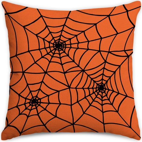Lot de 2 housses de coussin orange pour Halloween, motif fantôme, toile d'araignée à 3 anneaux, taies d'oreiller décoratives en lin, pour canapé et maison (1/5)