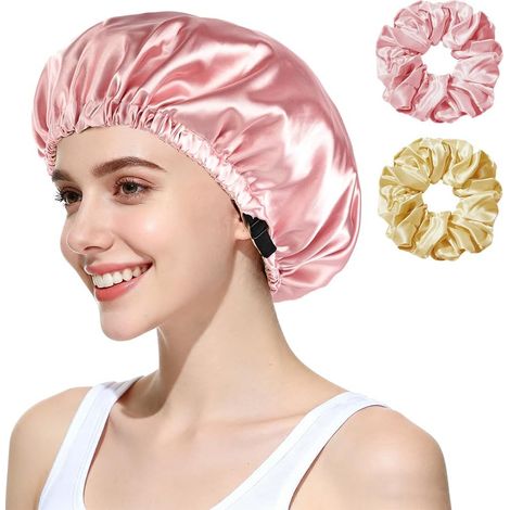 Gorro de dormir de satén de doble capa - Gorro de dormir de satén ajustable para mujeres y niñas - Con cabello rizado natural, rosa (1/5)