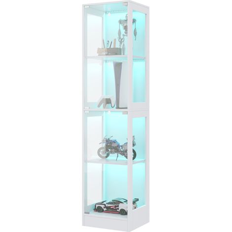 CAIziVitrine LED à une porte 40 x 35 x 170 cm, vitrine de collection en verre trempé, éclairage LED commandé par application, rangement sur quatre niveaux, porte push-to-open, blanc minimaliste