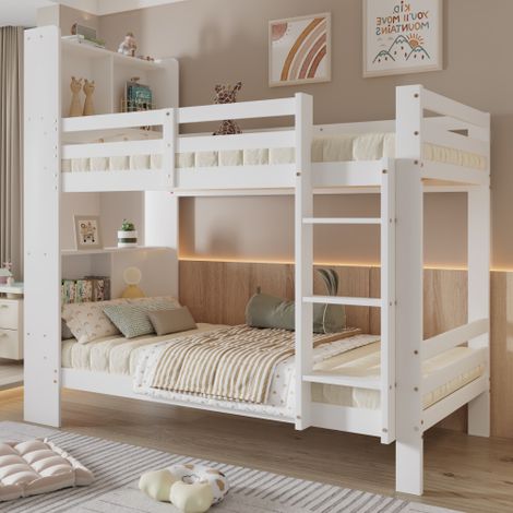 Litera de 90x200 cm, cama infantil con estantes, escalera, sin colchón, blanco (1/5)