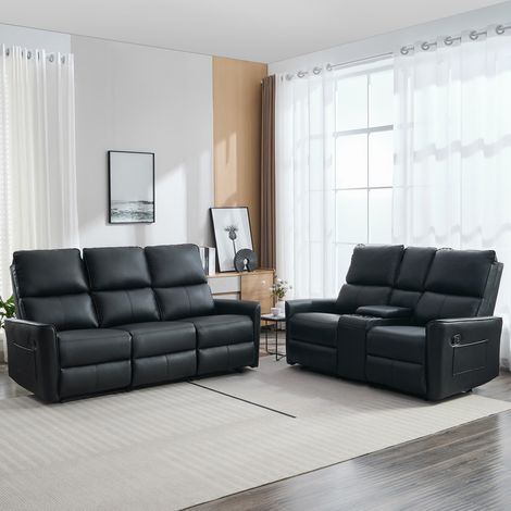 MADRID 2+3 SEATER w CONSOLE MANUAL RECLINER AIR LEATHER SOFA SET BLACK (1/5)
