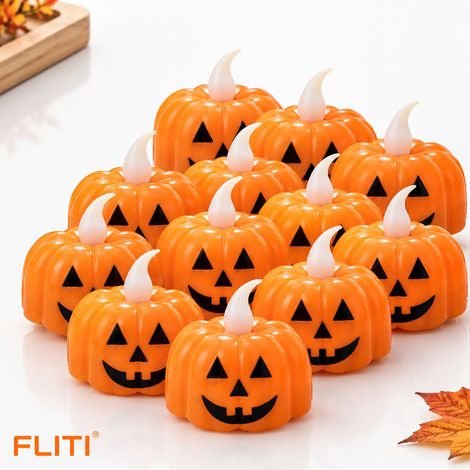 Bougies chauffe-plat citrouille d'Halloween, 12 bougies sans flamme, bougies LED orange pour décorations de fête d'Halloween et de Thanksgiving (1/5)