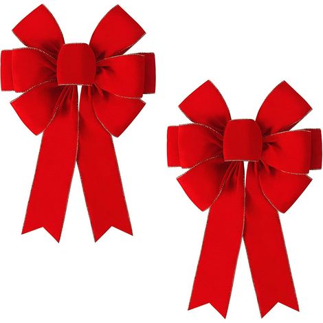 2 paquets de décorations de nœuds de Noël rouges : Grand nœud en velours avec bordure dorée filaire pour le sommet de sapin, les couronnes, l'extérieur, les guirlandes, l'extérieur (16 24 pouces). (1/4)