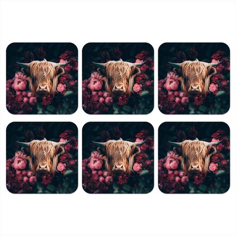DESSOUS DE VERRE Vache - Highlander écossais - Fleurs - Botanique Lot de 6 10x10 (1/5)