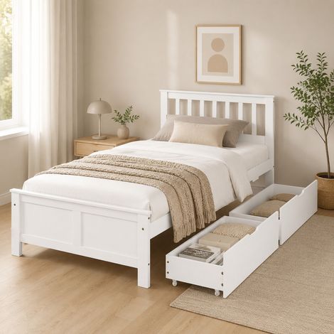Letto singolo in legno massello bianco 90x200 cm con 2 cassetti e rete a doghe (1/5)