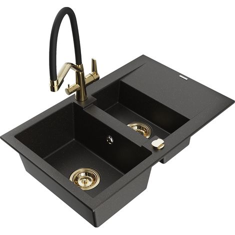 Mexen Gaspar 1,5-Becken-Granitspüle mit Abtropffläche und Mischbatterie Duo, Schwarz/Gold metallisch