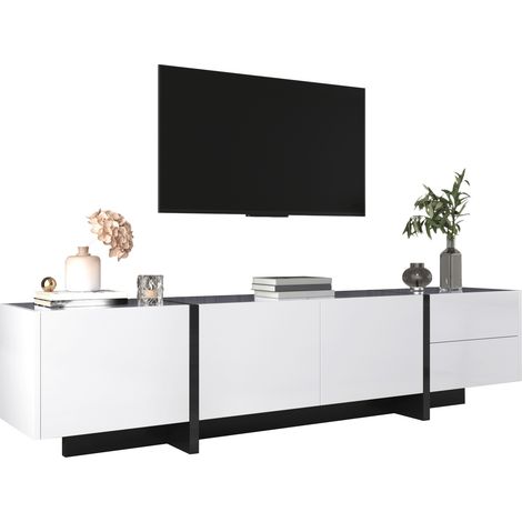 Mueble TV blanco y negro en alto brillo, con patas negras contrastadas, 3 puertas con baldas interiores y 2 cajones, 190 x 45 x 35 cm, ideal para salón - CHICFURN (1/5)