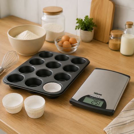 Backzubehor set aus edelstahl 2 teilig 5 kg kuchenwaage antihaftbeschichtete muffinform fur 12 muffins 224165946 (1/5)
