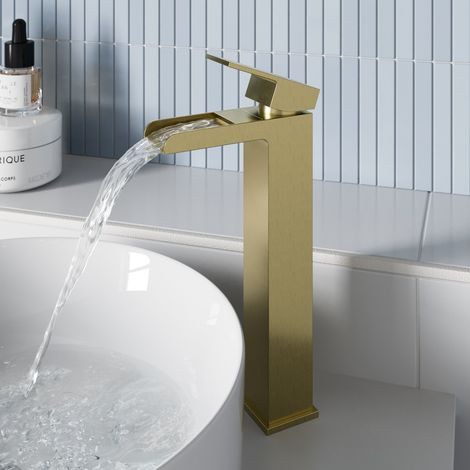 High Rise Waterfall Basin Mixer Tap for Countertop Square Mono Brushed Brass (1/5)